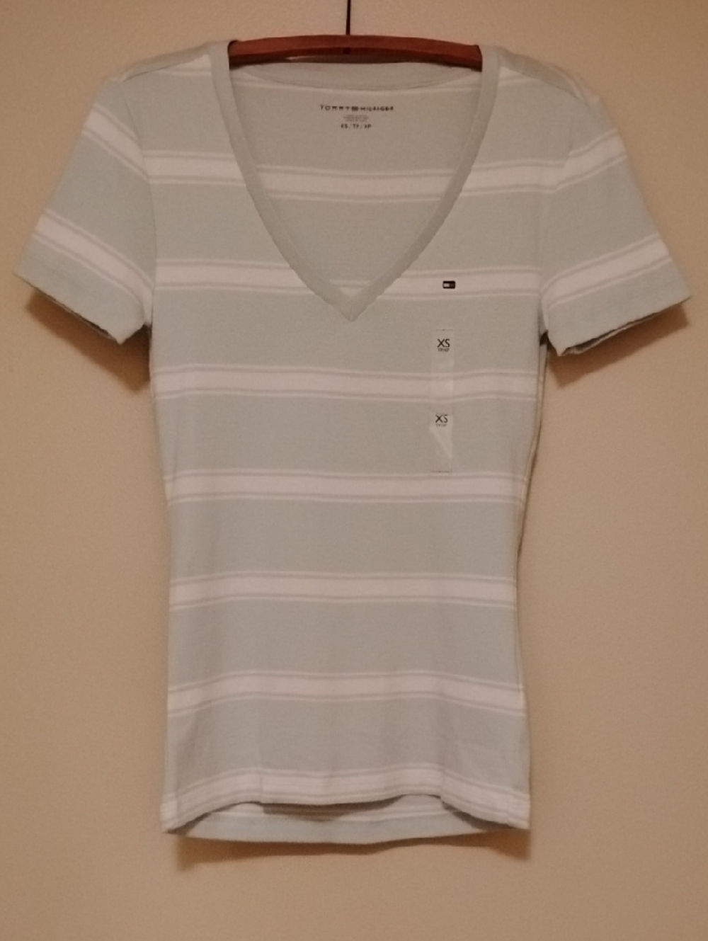Tommy Hilfiger V-neck Tee Mint Green/White Stripe Size XS NWT